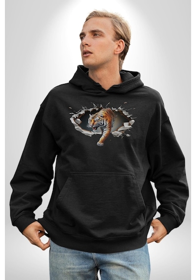 Kırık Duvar Kaplan Kadın Erkek Siyah Kapüşonlu Sweatshirt Hoodie Siyah