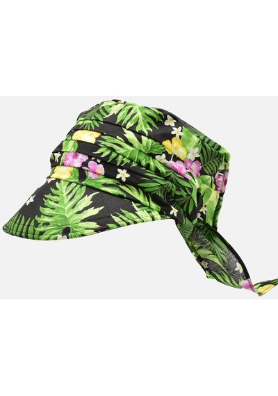 Kadın Bağlamalı Eşarp Siperli Desenli Plaj Şapkası - Siyah