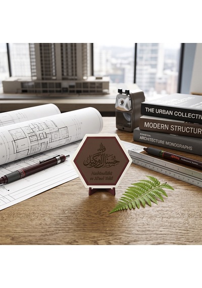 Hasbünallâhü Ve Ni'mel Vekîl Yazılı Dekoratif Masaüstü Süsü Ev Ve Ofis İçin Modern Ve Anlamlı Tasarım 10x10 Cm, Açık Kahve
