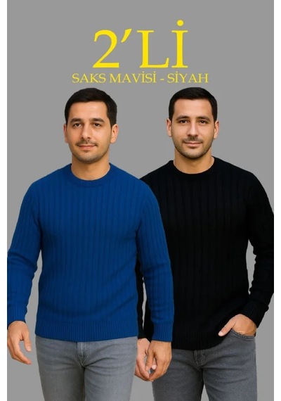 Erkek Fitilli Triko Kazak 2 Li Set Siyah Saks Mavisi Kalın Dokuma Pamuklu Regular Fit Saks Mavi - Siyah
