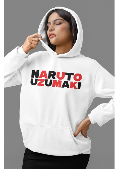 Sevbano Naruto Uzumaki Anime Sırt Baskılı Unisex Oversize Penye Hoodie beyaz