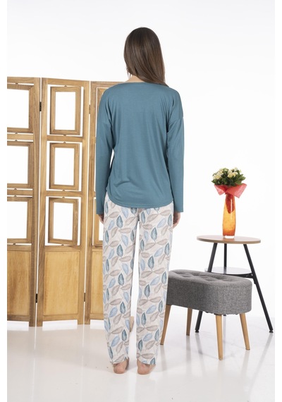 Estiva 24119 Kadın Yaprak Desenli Uzun Kollu Yazlık Viskon Pijama Takımı 001