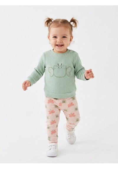 HelloBaby Pamuklu Kelebek Detaylı Taytlı 2li Kız Bebek Takım Yeşil Yesil