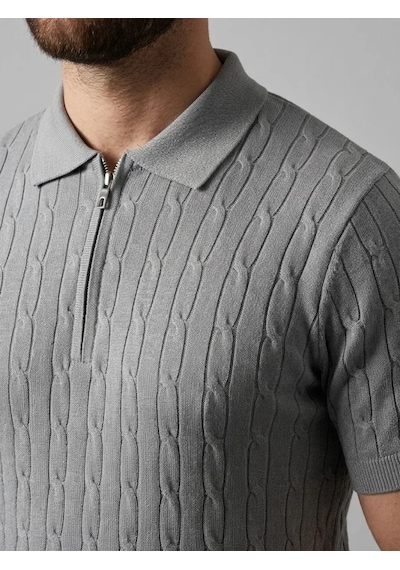 Oada Erkek Yazlık Triko Saç Örgü Tişört Kısa Kol Polo Yaka Fermuarlı T-shirt - Gri