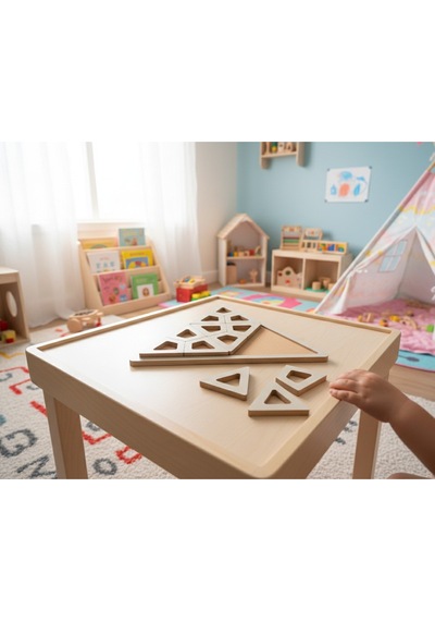 Montessori Eğitici Geometrik Puzzle Oyunu - El Yapımı Yapboz Puzzle Seti Gri Üçgen