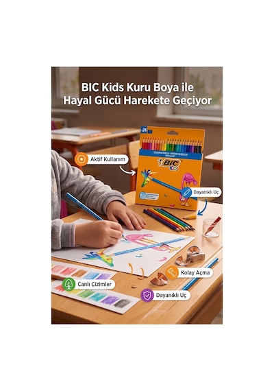 24 Lü Kuru Boya Kalemi Karton Kutu 1 Paket Bic Tropicolors 24 Renk Kuruboya Tam Boy Canlı Renkli Boya Kalem Okul Öğrenci Çok Renkli