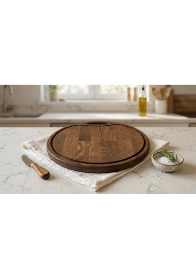 Fam Wood Art Ahşap Yuvarlak Saplı Kesme Tahtası Pizza Tabağı Sunumluk Kahverengi