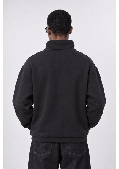 Respire Erkek Reset Baskılı Lastik Detaylı Half Zip Oversize Sweatshirt Siyah