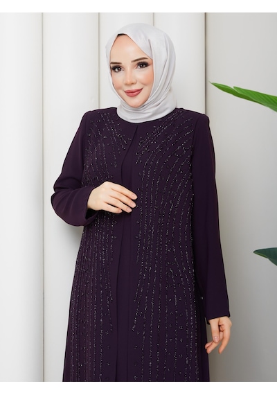 Eslemnur Elbise Yağmur Taşlı Anne Elbisesi Mürdüm