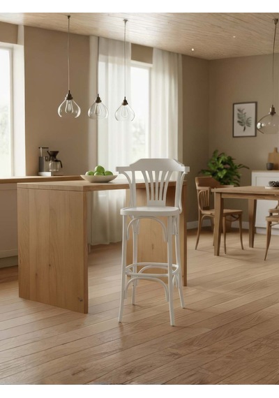 Thonet Kolçaklı Ahşap Bar Sandalyesi Beyaz