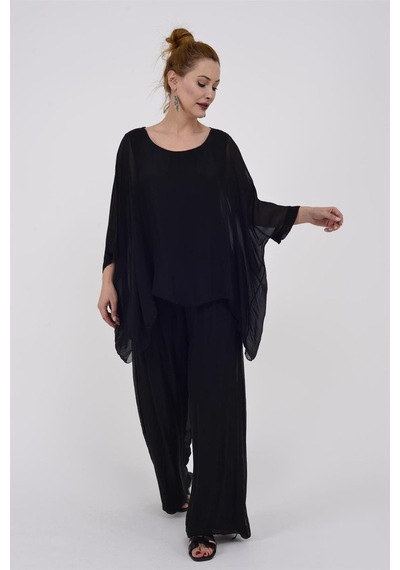 Bohem Stil İtalyan Yarasa Kol İpek Bluz-8869 Siyah