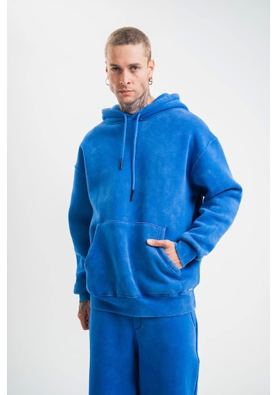 Unisex Double Oversize Kapşonlu Yıkamalı Sweatshirt - Mavi Mavi