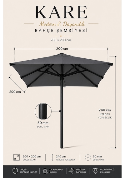 Alubrella Kare Antrasit 200x200 Cm, 8 Telli Güneş Şemsiyesi
