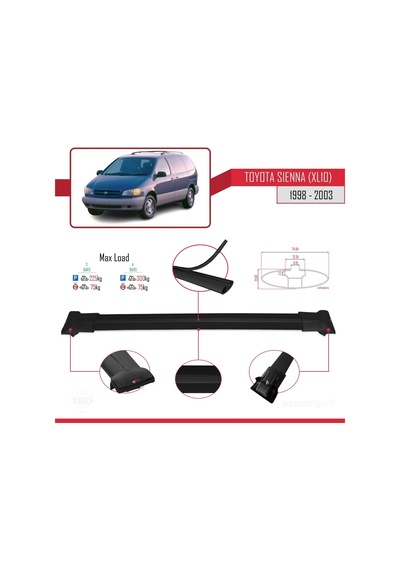 Toyota Sienna Xl10 1998-2003 Arası İle Uyumlu Fly Model Ara Atkı Tavan Barı Siyah 3 Adet Bar