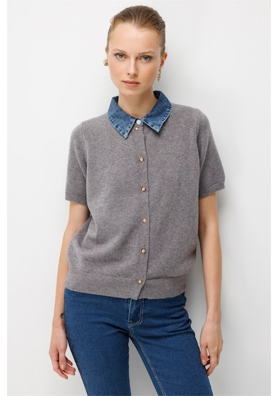 On Kadın Denim Detaylı Kısa Kollu Triko Hırka 10509 Gri
