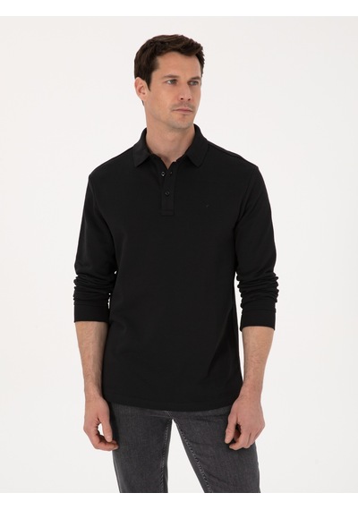 Siyah Regular Fit %100 Pamuk 3 İplik Polo Yaka Sweatshirt