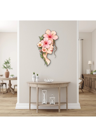 Çiçekli Kadın Profili - Metal Tablo - Dec0186 37 X 65 Cm Çok Renkli