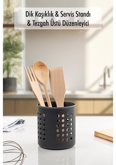 Füme Silindir Dik Kaşıklık & Tezgah Üstü Düzenleyici & Servis Standı Plastik Gri Diğer