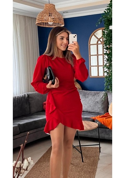 Efnaz Style Kadın Uzun Kollu Bisiklet Yaka Önden Volanlı Ithal Krep Elbise Kırmızı