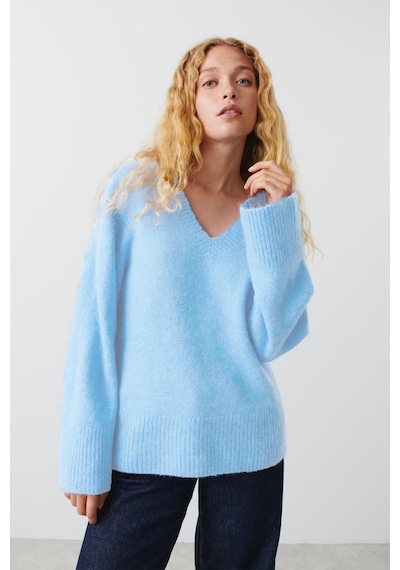 Madmext Bebe Mavisi V Yaka Oversize Kadın Triko Kazak Mg2149 Bebe Mavisi