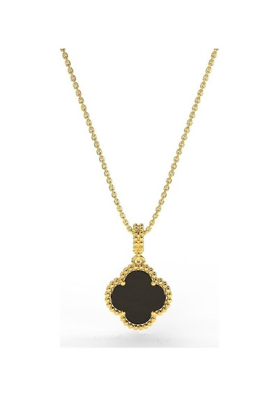 Roza Silver 925 Ayar Oniks Taşlı Gold Yonca Gümüş Kolye Rn10284