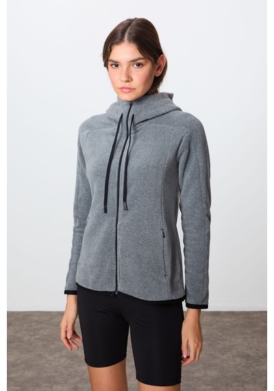Tommy Life Gri Melanj Kalın Yumuşak Dokulu Kapüşonlu Standart Fit Nakışlı Polar Kadın Sweatshirt -97287 Gri Melanj