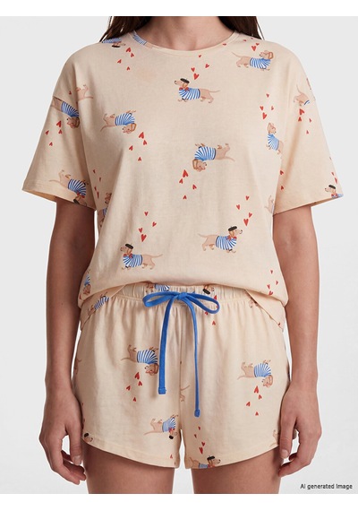 Lcw Dream Bej Köpek Baskılı Kadın Şortlu Pijama Takımı