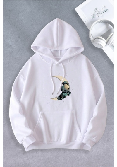Nevermind Unisex Kadın Erkek Ay Astronot Modeli Oversize Sweatshirt Beyaz