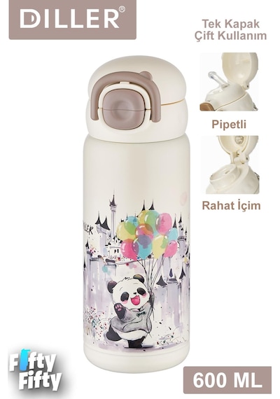 Dıller 600 Ml Tek Kapak Çift Kullanım Pipetli/pipetsiz Taşıma Kulplu Vacum Cup/çelik Termos -ffdıllerd9252 Çok Renkli