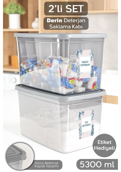 2'li Mega Boy Deterjan Saklama Kutusu - Dikdörtgen Toz Tablet Deterjan Kutusu Antrasit 5,3 Litre Antrasit