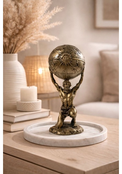 Atlas Heykeli Dünya Küreli Dekoratif Biblo Mitolojik Tasarım 20 Cm Antik Bronz Görünüm