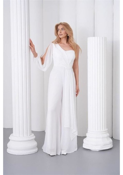 Neşeli Butik Kadın Beyaz Tek Kol Astarlı Tül Kumaş Tasarım Abiye Tulum Nbs9389