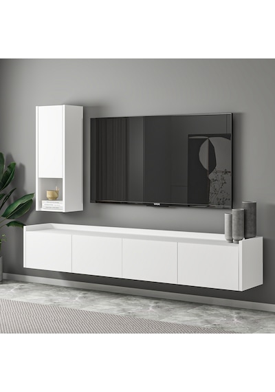 T007 Duvara Monte, Raflı Tv Ünitesi, Tv Sehpası - Beyaz Beyaz
