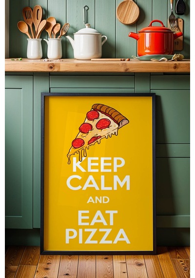 Retro Keep Calm And Eat Pizza Çerçeveli Tablo - Modern Mutfak Ve Yemek Odası Duvar Dekoru Siyah