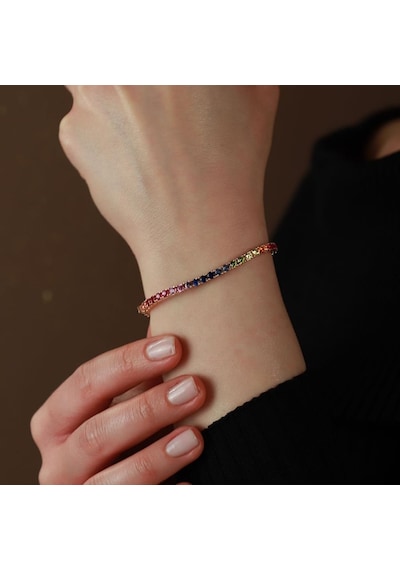Renkli Sıra Taşlı Su Yolu Rose Gold Kaplama Gümüş Bileklik Gümüş