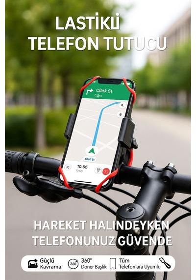 Lastikli 360 Dönebilen Bisiklet Telefon Tutucu Tüm Modellerle Uyumlu, Gidon Montajlı Diğer