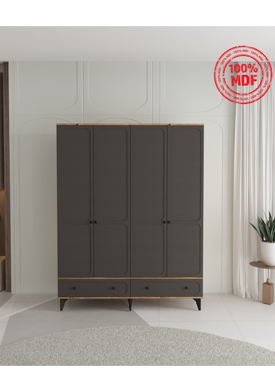 Irmak 4 Kapaklı Çekmeceli Gardırop - Tamamı Mdf Antrasit