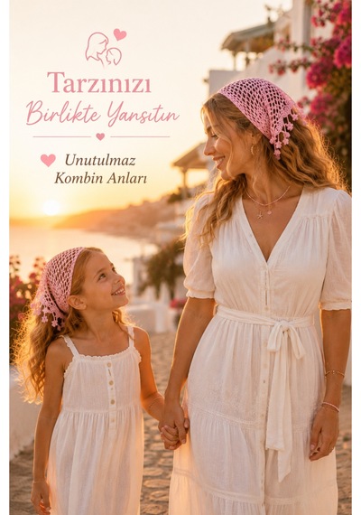 Anne Kız Kombin Bandana El Örgüsü Saç Bandı Bohem Stil Ayarlanabilir 2li Set Pembe321