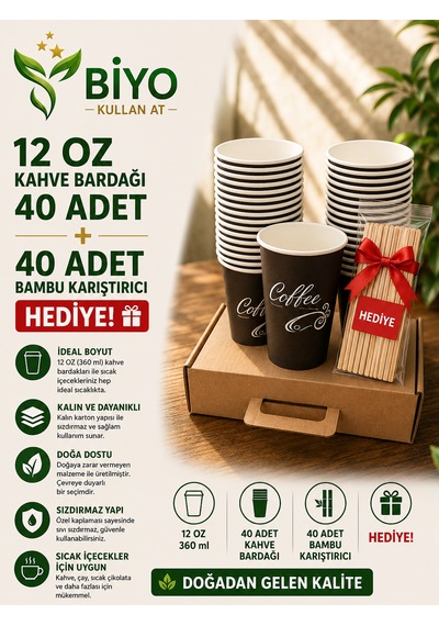 12 Oz Karton Bardak 40 Adet+40 Adet Karıştırıcı Hediye