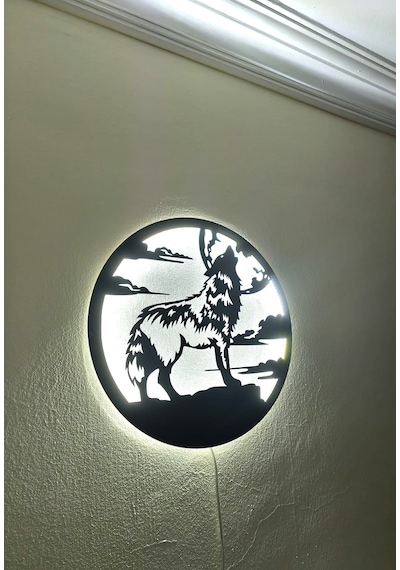 Motto Dekor Lazer Kesim Beyaz Led Işıklı Metal Bozkurt Görselli Duvar Dekoru Duvar Aydınlatması Siyah
