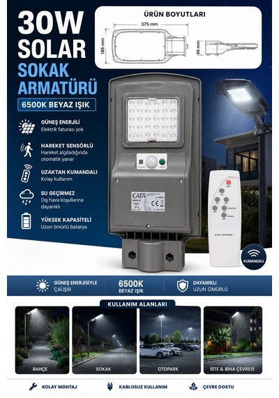 30w Kumandalı Solar Güneş Enerjili Sokak Armatürü 6500k