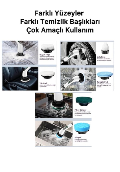 Kraft Hart Şarjlı Temizlik Fırçası 11 Başlıklı Mutfak Banyo Araç Oto Temizleme Fırçası