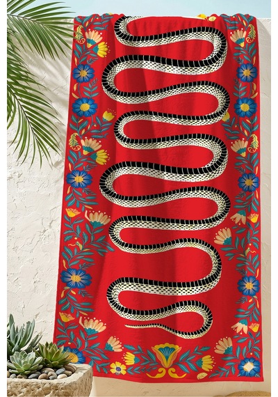 Yılan Figürlü Çiçekli Bohem Plaj Havlusu - Kırmızı Etnik Modern Hızlı Kuruyan Mikrofiber Havlu Örtü Uçuk Zeytin