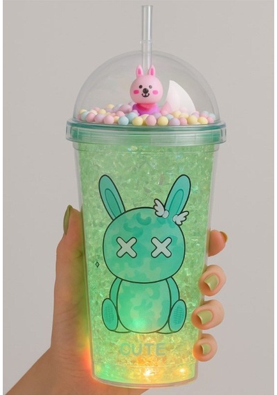 Çift Katlı İçecek Bardağı Led Işıklı Pipetli Kawaii Chibi Sevimli Tavşan Figürlü Suluk 450 Ml Yeşil