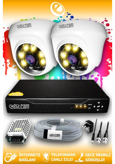 Elitcam 2 Kameralı Dome 2 İç Kamera Set HDD'siz Full HD Renkli Gece Görüşlü Güvenlik Kamerası Sistemi