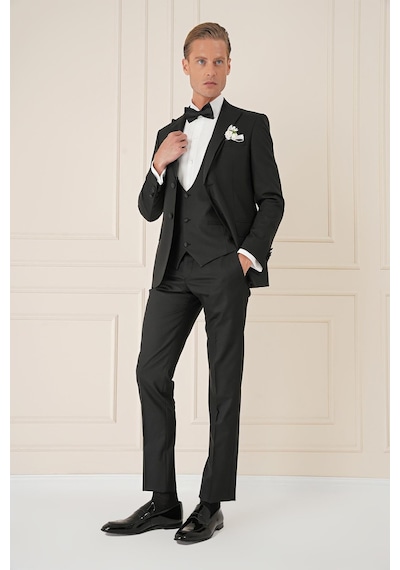 Efor Black 077 Slim Fit Çıkarılabilir Saten Yaka Yelekli Siyah Damatlık Smokin Takım Siyah Efor Black 077 Slim Fit Çıkarılabilir Saten Yaka Yelekli Siyah Damatlık Smokin Takım Siyah