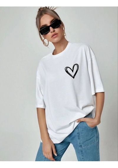 Kadın Tişort Kalp Baskılı Bisiklet Yaka Kısa Kol T-shirt - Beyaz