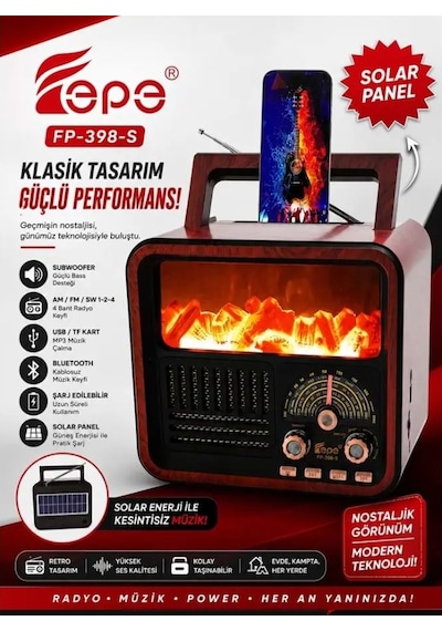 Fepe Fp-398 Şömine Efektli Retro Bluetooth-usb-sd-fm Şarjlı/ Ledli Nostaljik Radyo