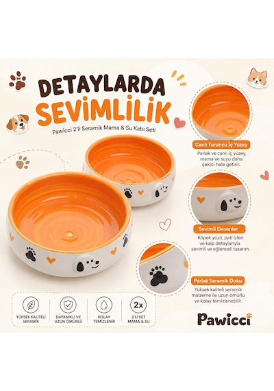 2'li El Yapımı Seramik Kedi Köpek Mama Ve Su Kabı Seti, 350 Ml Kabartma Desenli Stoneware, Bpa İçermez Gıda Güvenli, Kaymaz Tabanlı, Kedi Köpek Mama Kabı Takımı Turuncu
