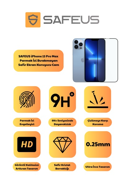 Safeus Tam Kaplayan Parmak İzi Bırakmayan Safir Ekran Koruyucu Cam , Apple Uyumlu iPhone 13 Pro Max İle